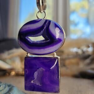Purple Agate Geode Pendant Sterling Silver, Handmade Boho Crystal Jewelry